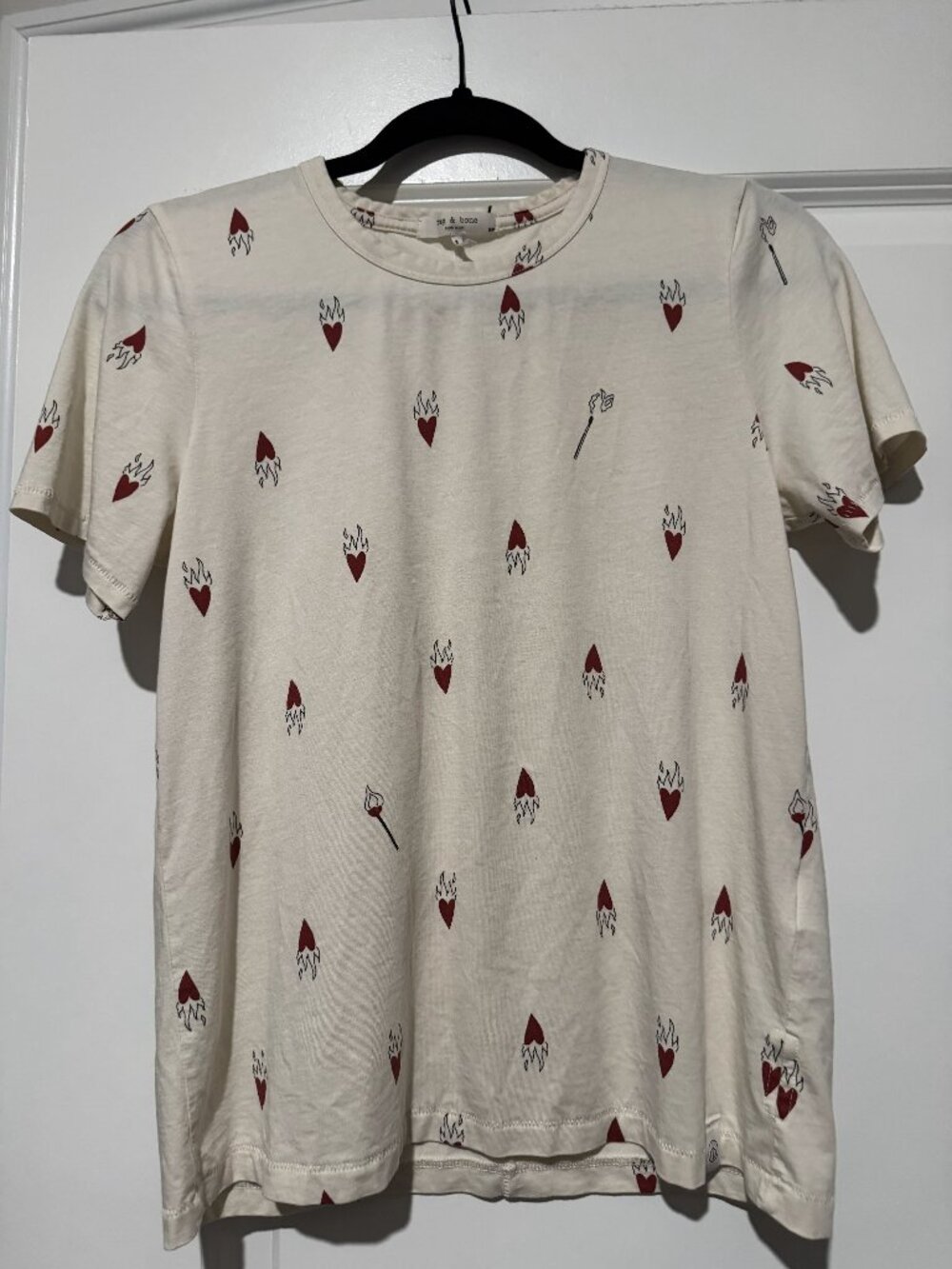 Rag & Bone Women's T-Shirt Size Small Ivory Red Flaming Heart Matchstick Print